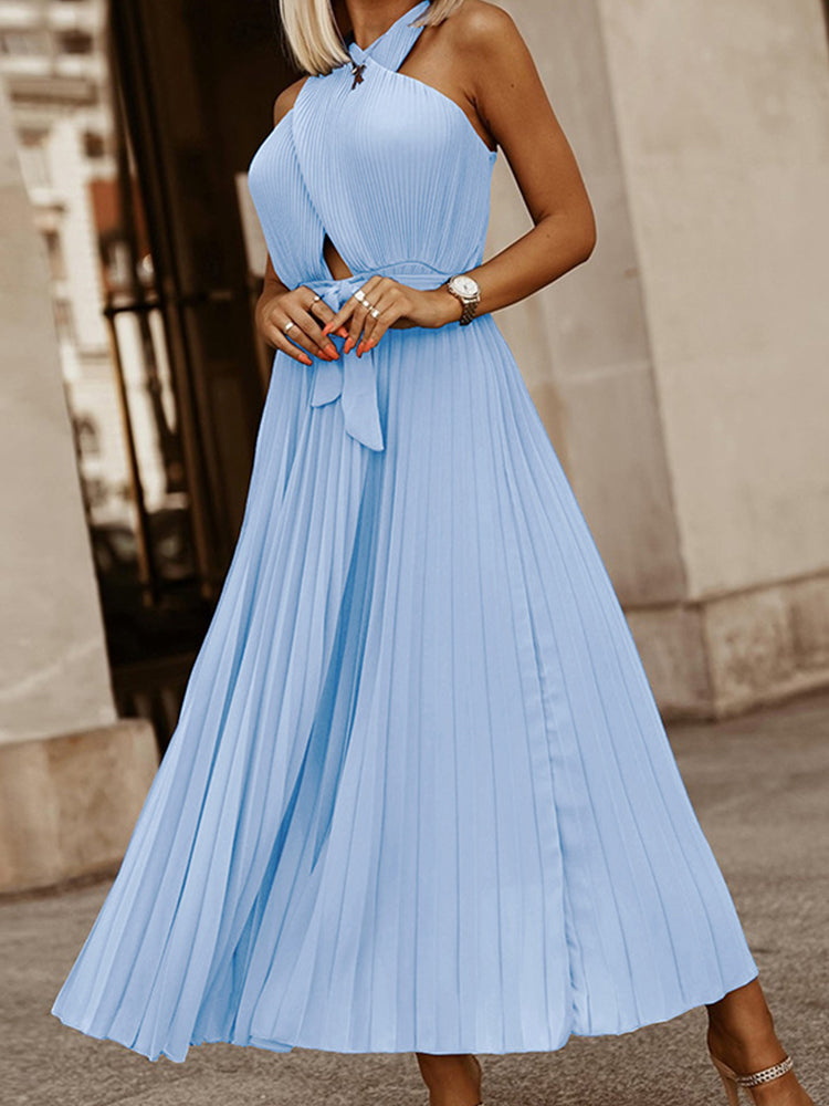 Solid Rib Pleated Long Party Dress Double Criss-cross Halter Hollow