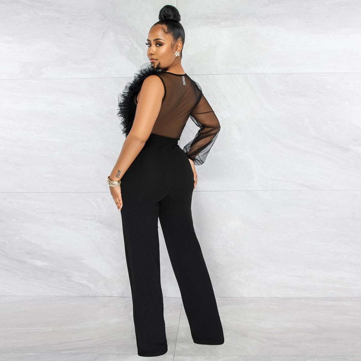 One Sleeve Plunge V-neck Sexy See Through Mesh Splicing Jumpsuits