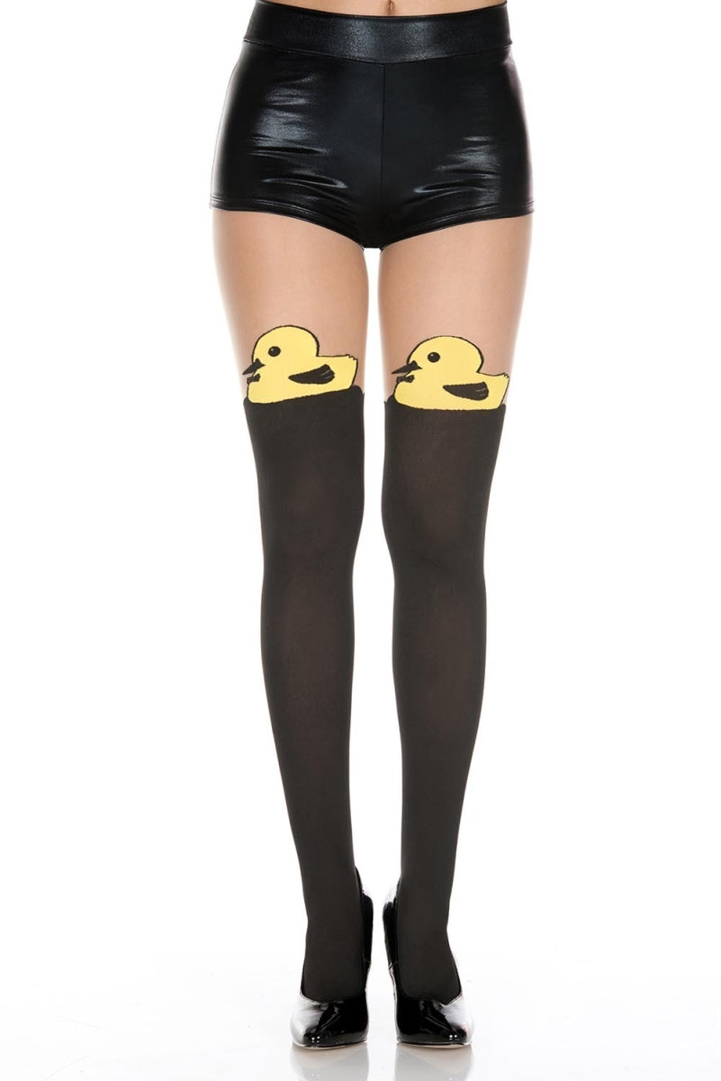 Music Legs 7168-BEI-BLK-YELLOW Duck Print Faux Thigh High Look Spandex