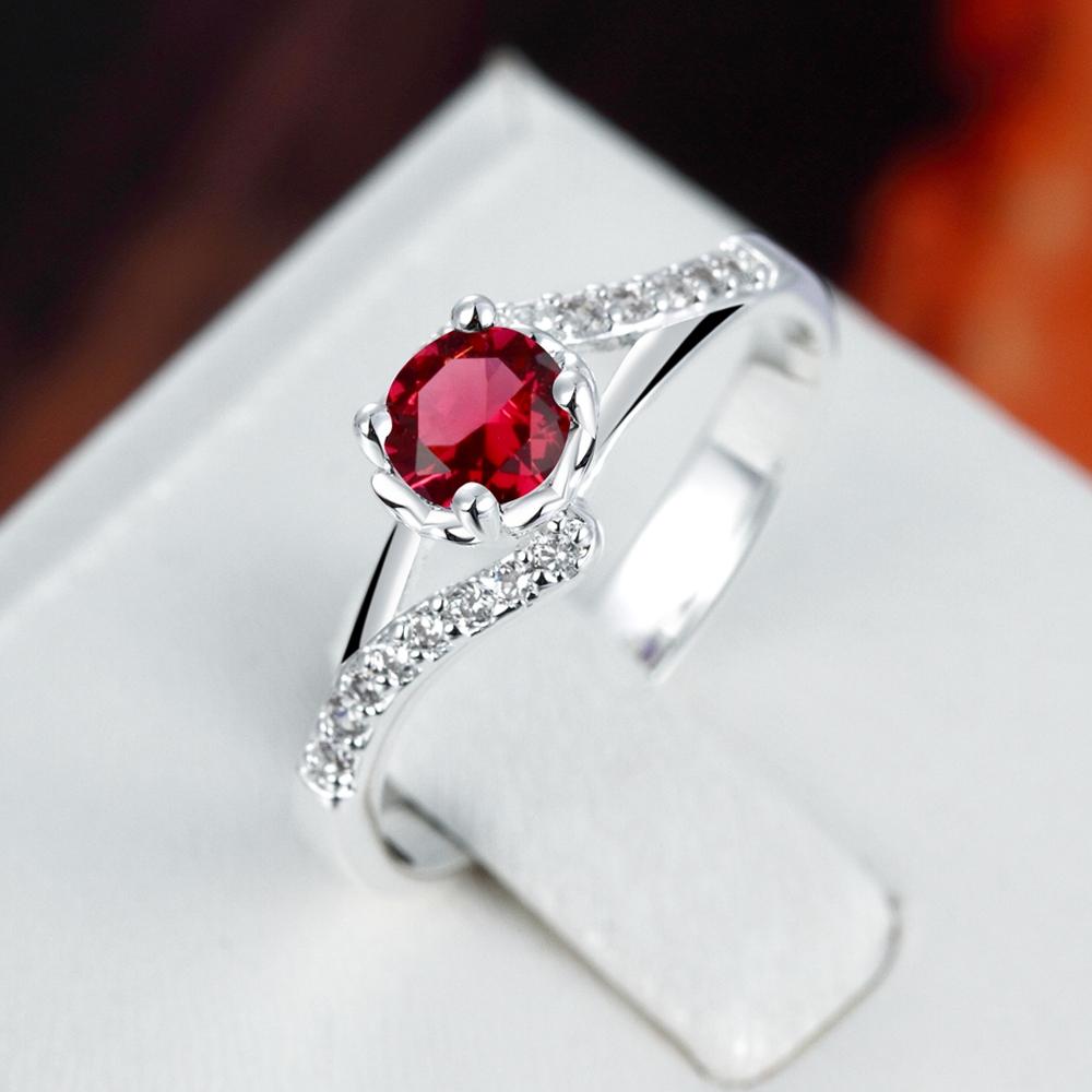 Red  Elements Princess Cut Curved Design Silver Plating Ring