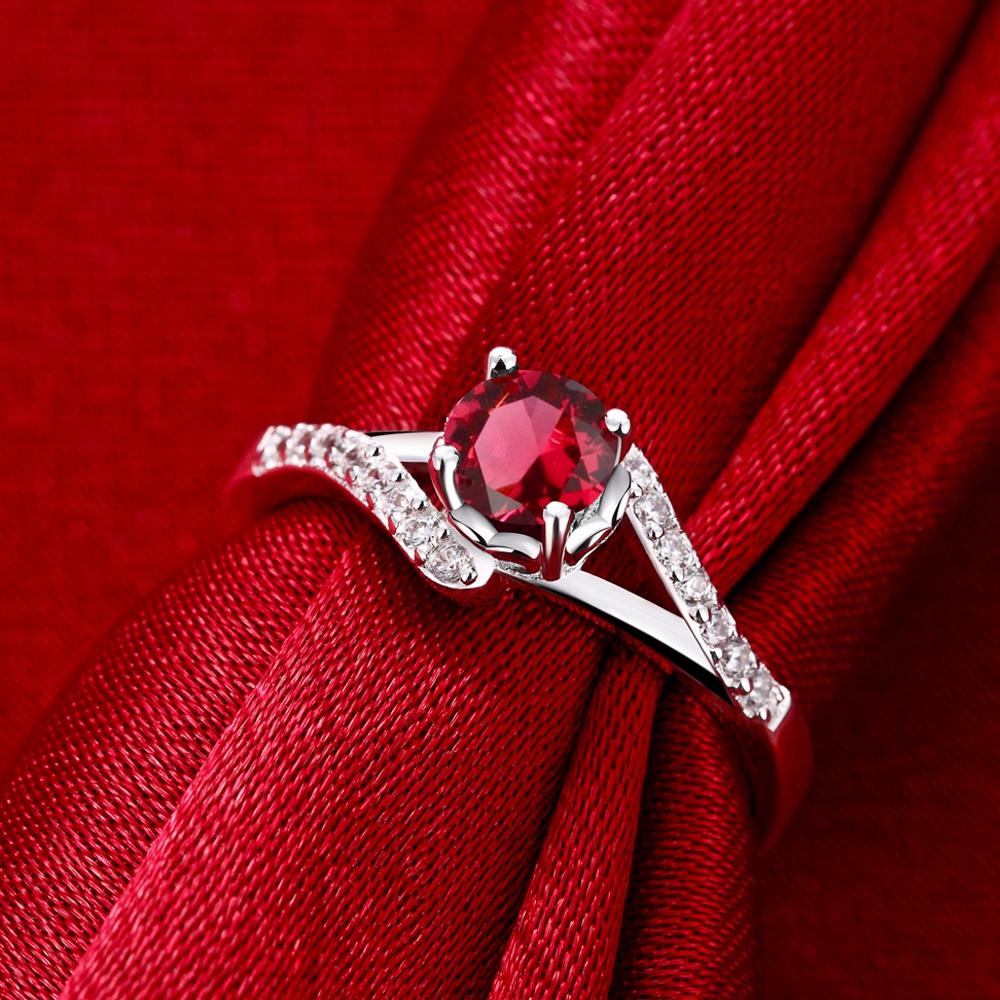 Red  Elements Princess Cut Curved Design Silver Plating Ring