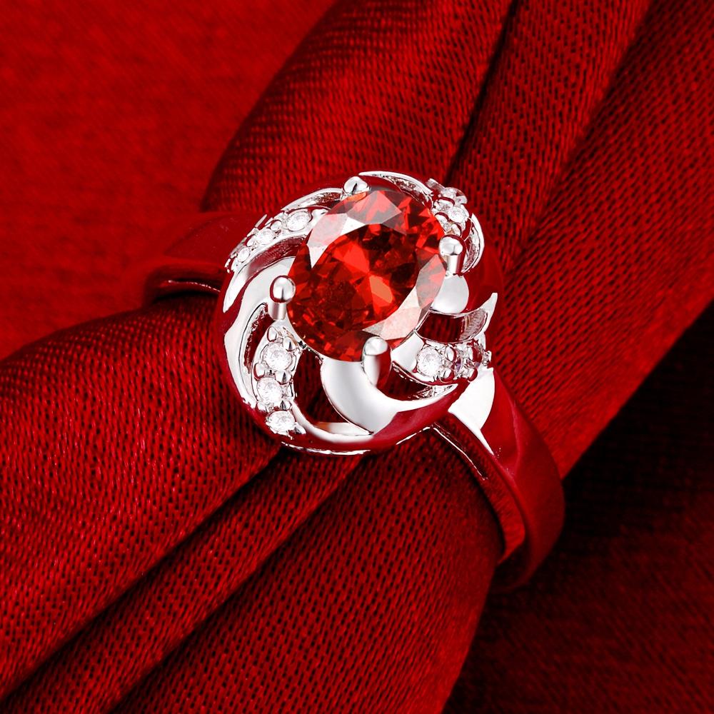 Red  Elements Princess Cut Laser Cut Swirl Silver Plating Ring