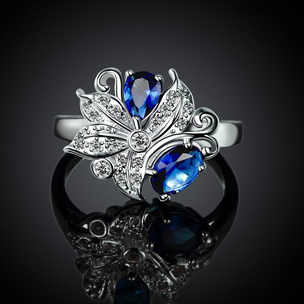 Blue  Duo Stone Floral Silver Plating Ring