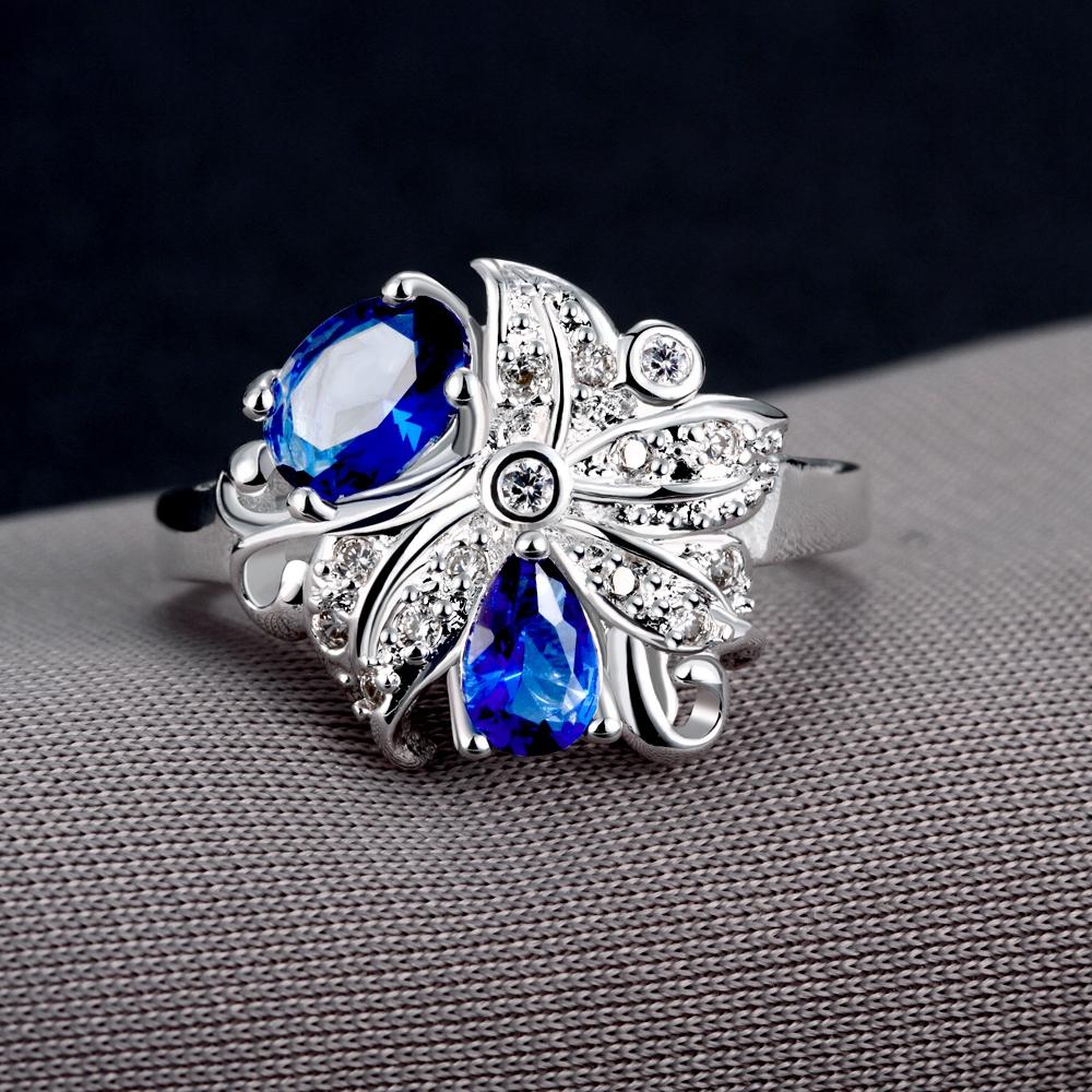 Blue  Duo Stone Floral Silver Plating Ring