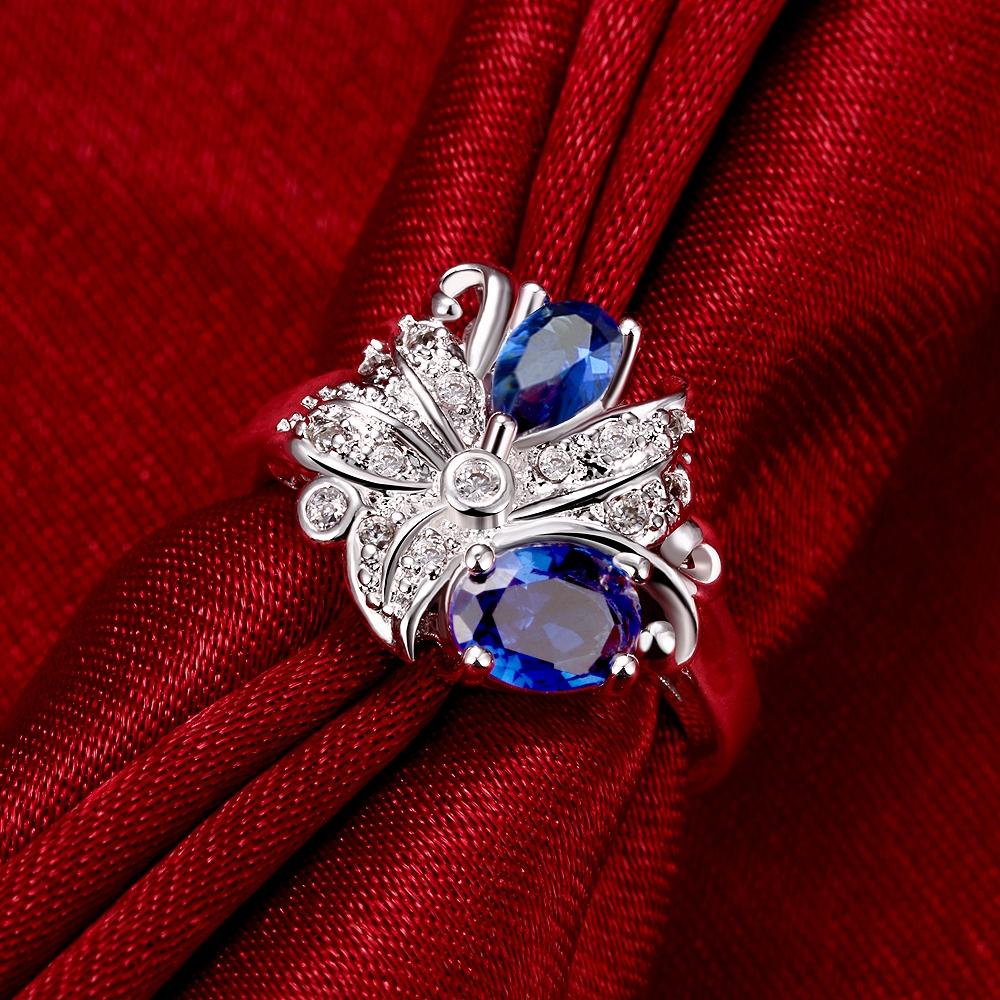 Blue  Duo Stone Floral Silver Plating Ring