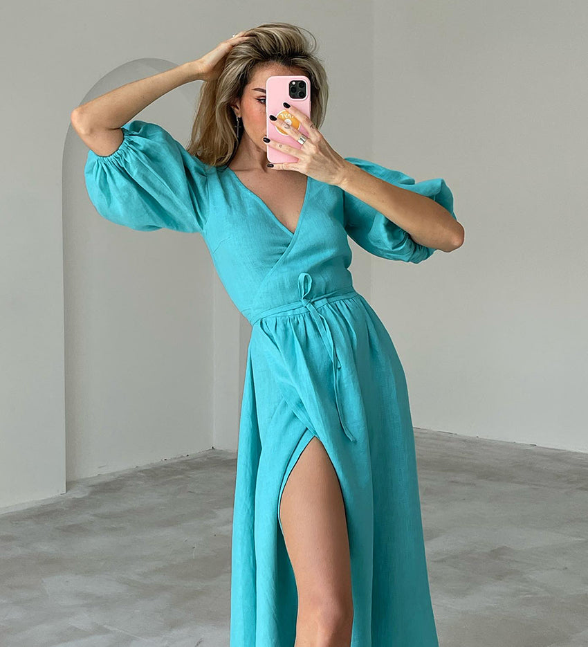 V-Neck Puff Sleeve Split Midi Dress