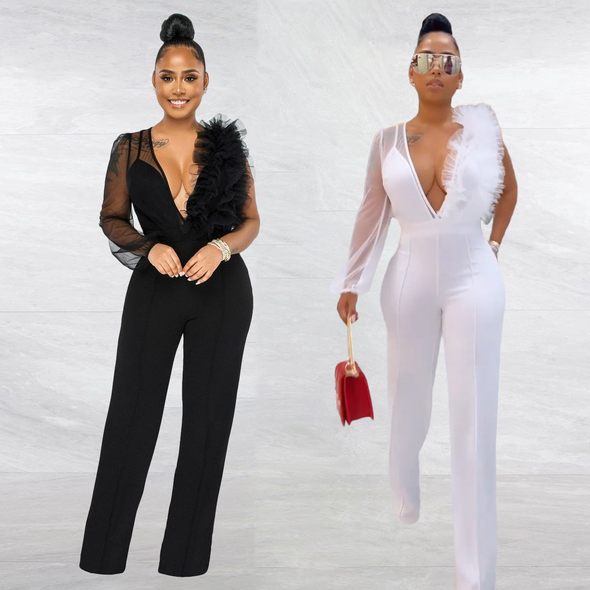 One Sleeve Plunge V-neck Sexy See Through Mesh Splicing Jumpsuits