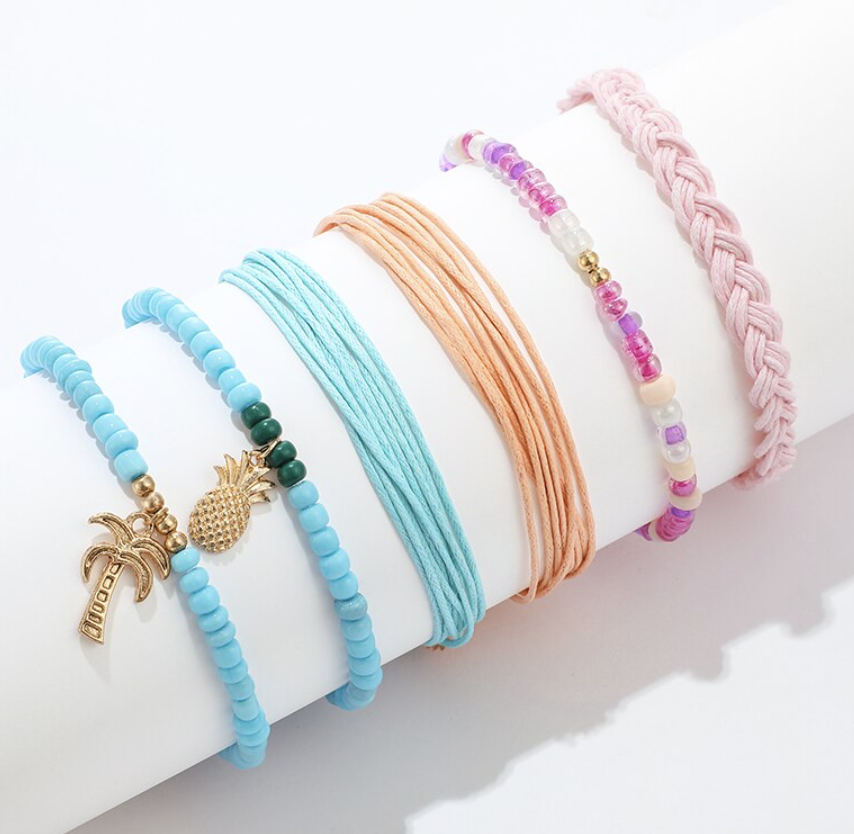 Summer Bracelet 6 Piece Set Rainbow Pineapple Palm Tree