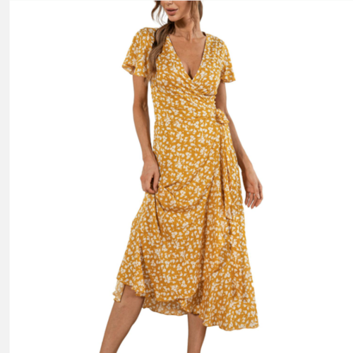 Womens Floral Maxi Dress With Cap Sleeves