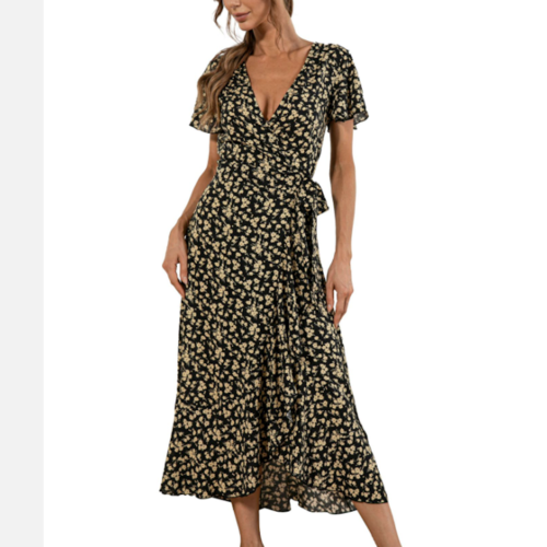 Womens Floral Maxi Dress With Cap Sleeves