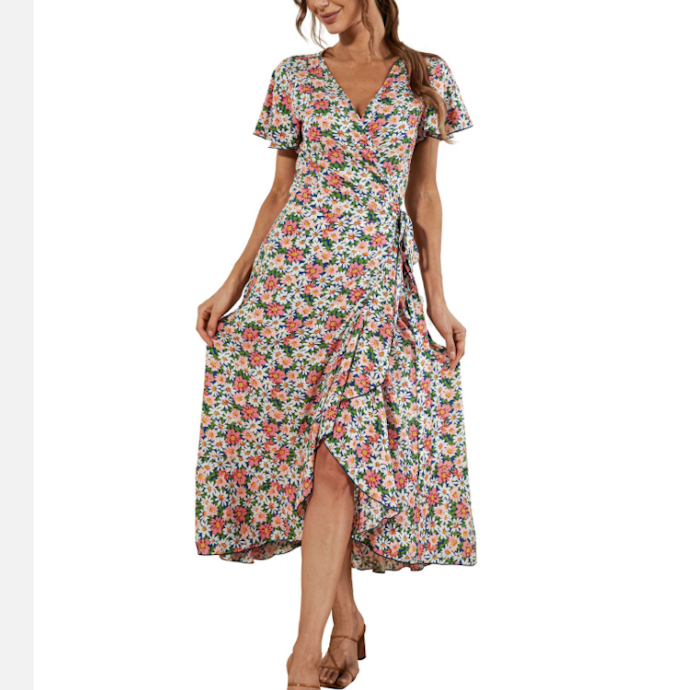 Womens V Neck Maxi Dress with Daisy Print