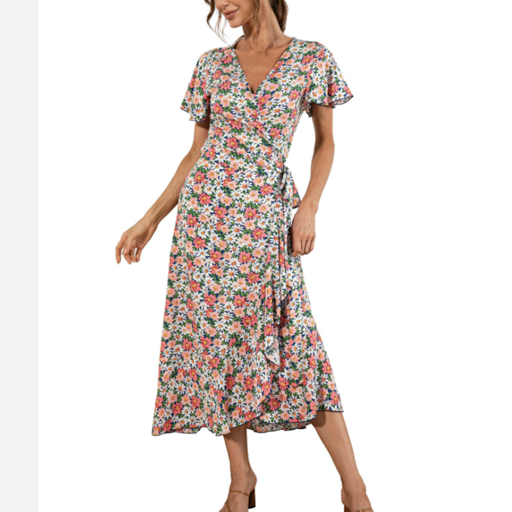 Womens V Neck Maxi Dress with Daisy Print