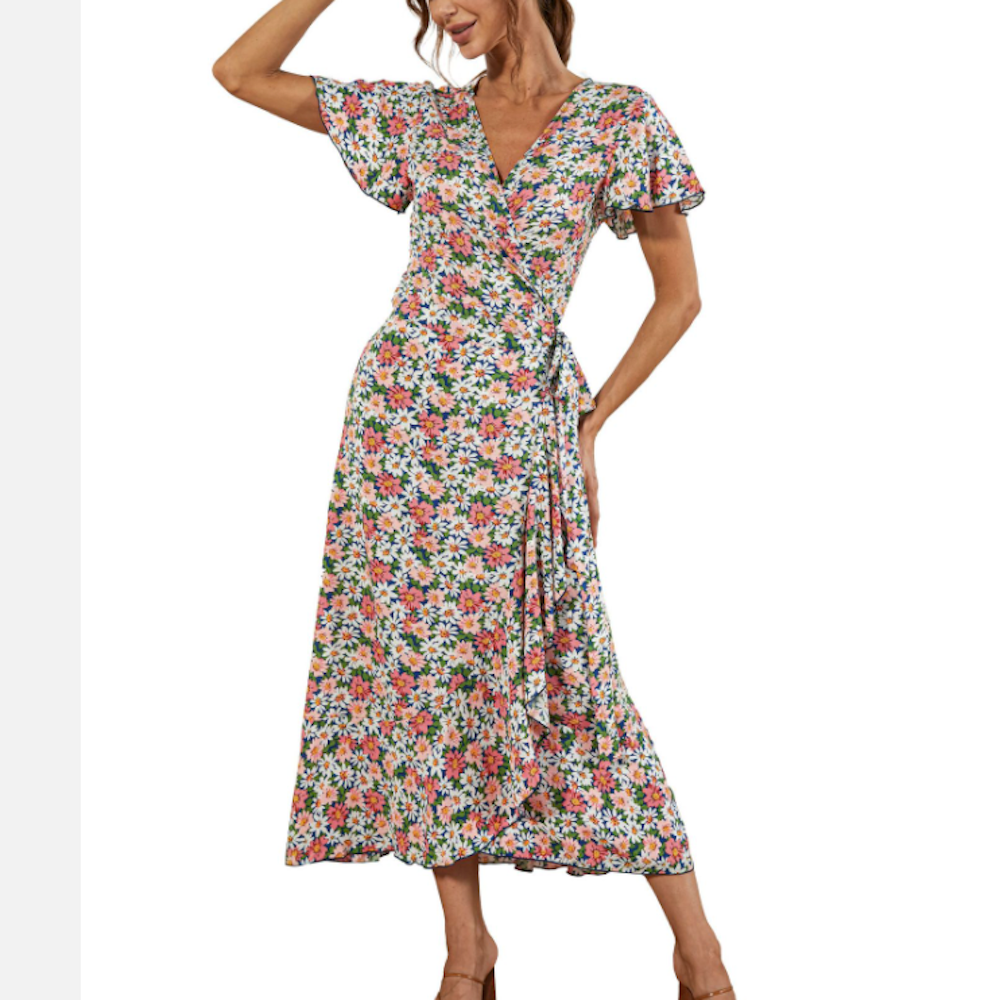 Womens V Neck Maxi Dress with Daisy Print