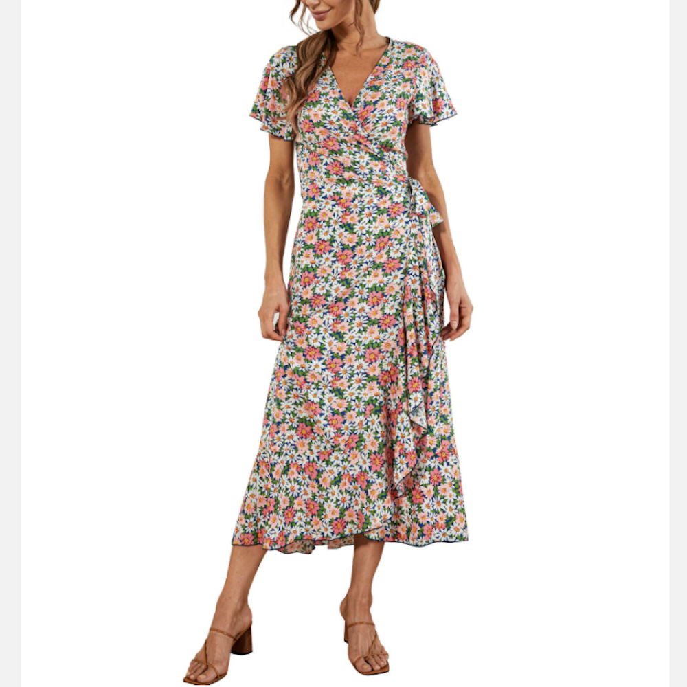 Womens V Neck Maxi Dress with Daisy Print