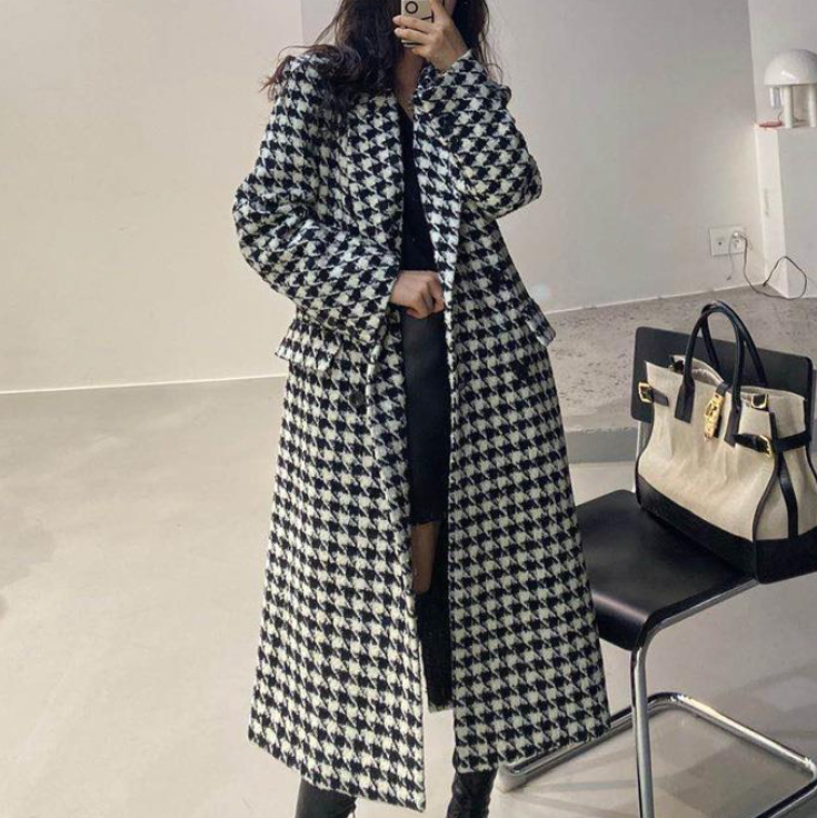 Womens Houndstooth Pattern Long Coat