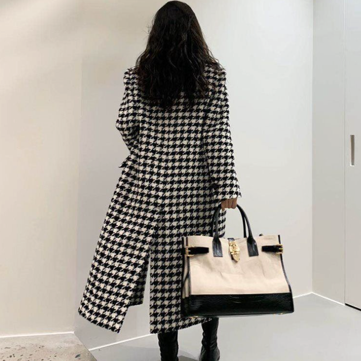 Womens Houndstooth Pattern Long Coat