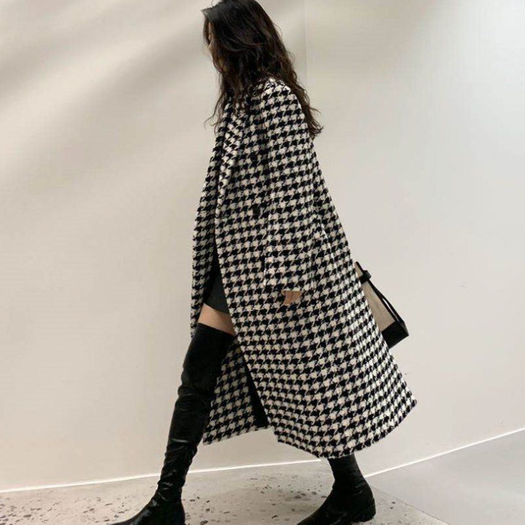 Womens Houndstooth Pattern Long Coat