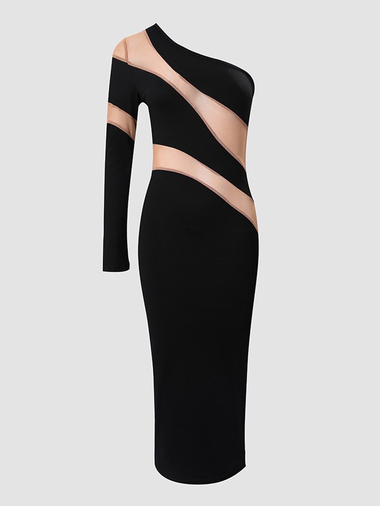 Sexy Contrast Mesh One Shoulder Mid-calf Bodycon Dress