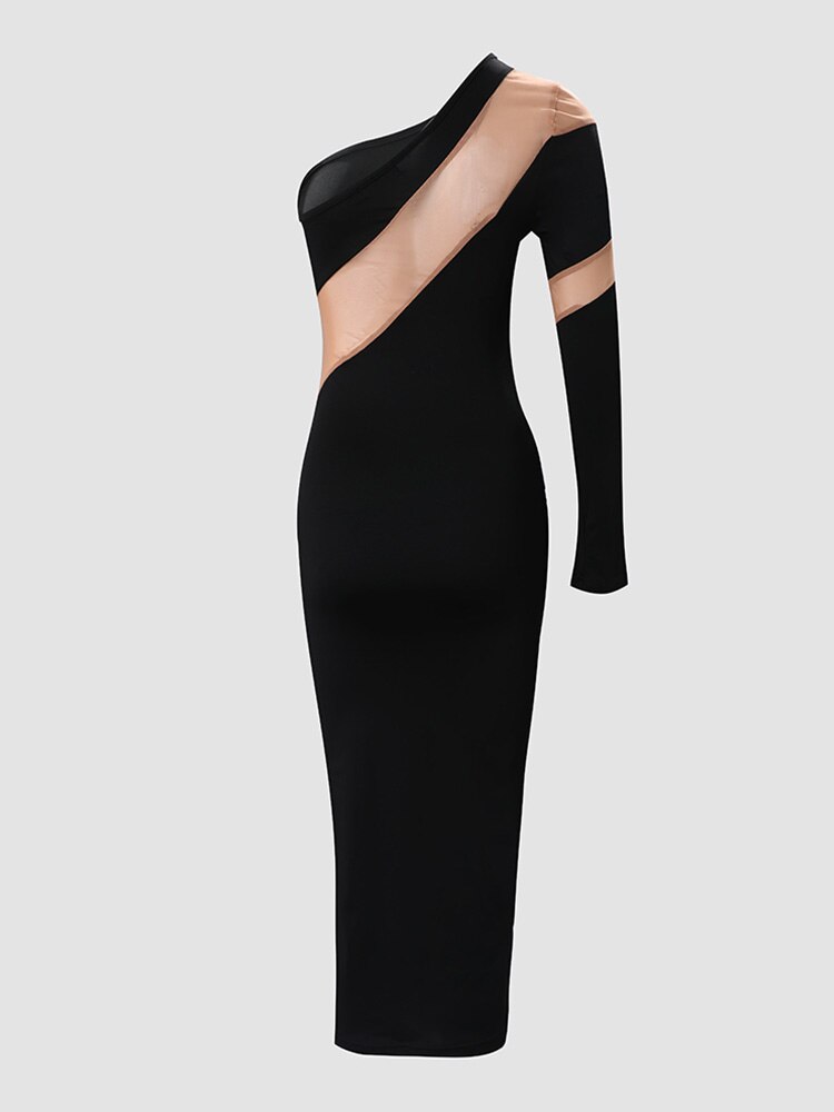 Sexy Contrast Mesh One Shoulder Mid-calf Bodycon Dress