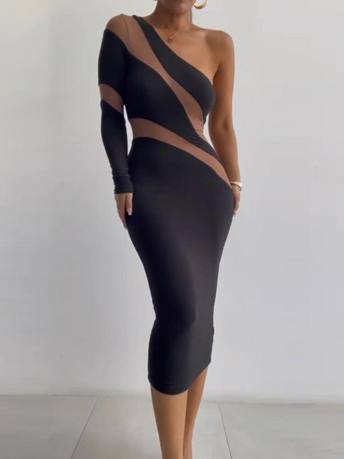 Sexy Contrast Mesh One Shoulder Mid-calf Bodycon Dress