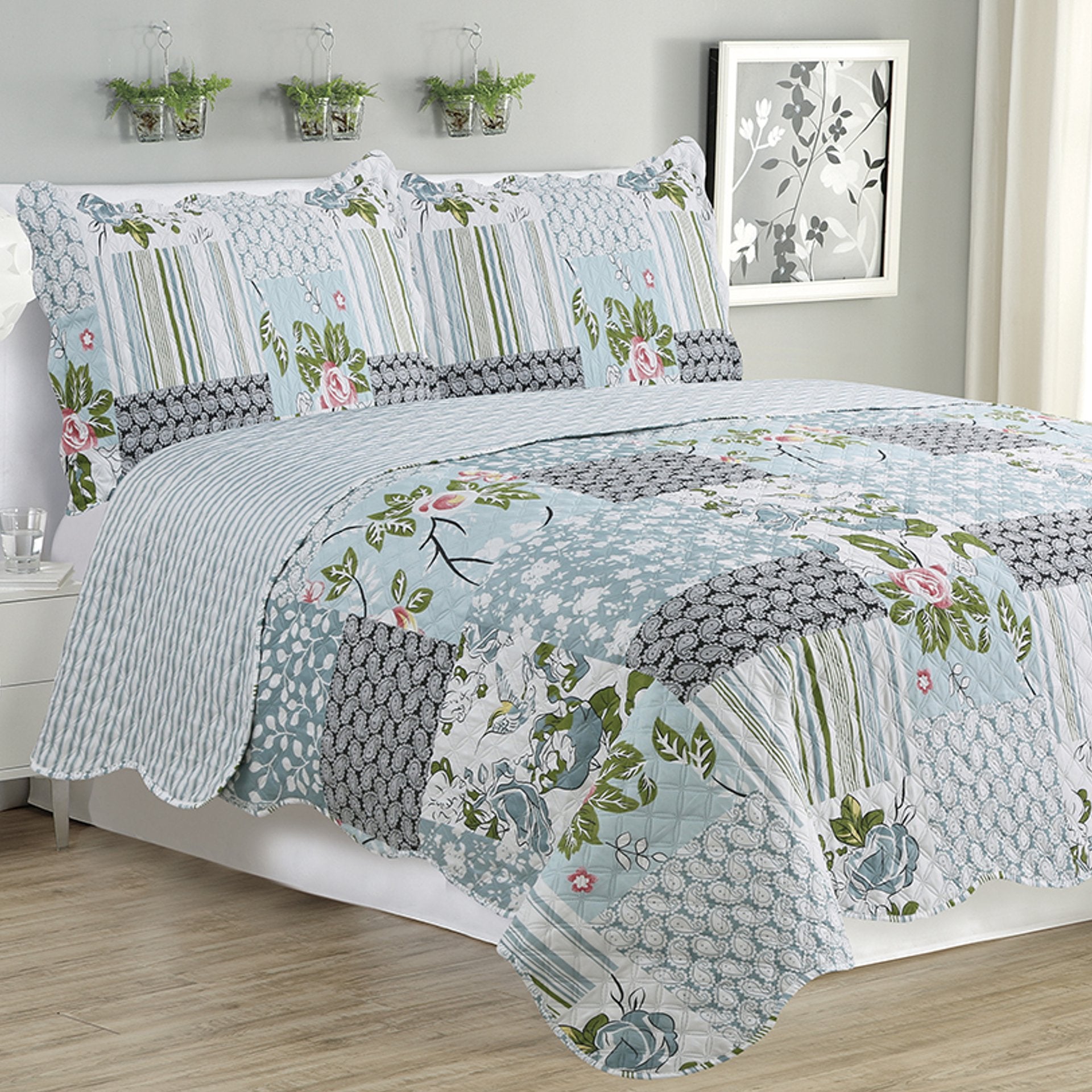 Kim - 3 Piece Quilt Set - Silver Bird Floral