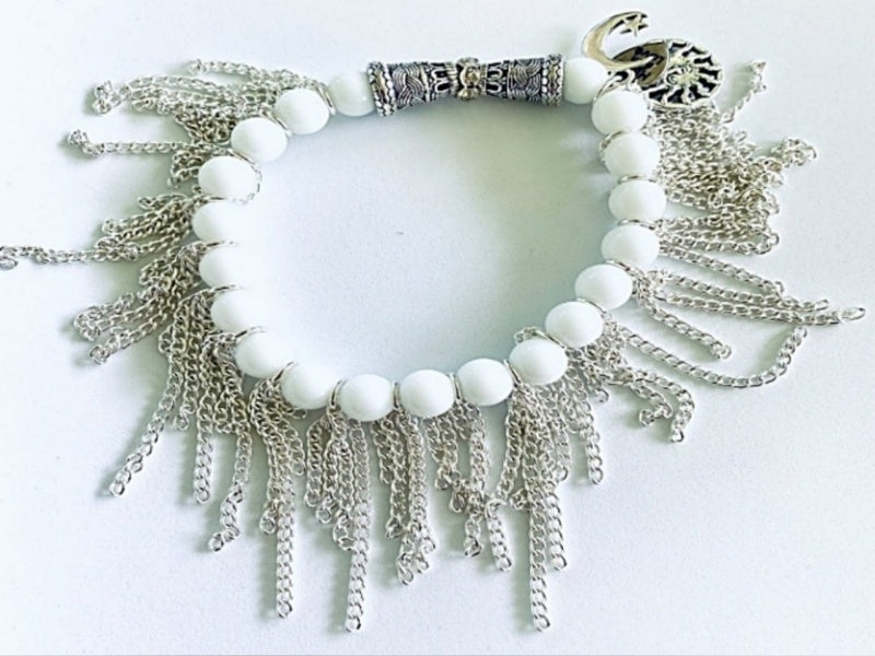 Snow Jade and Silver-Plated Stretch Bracelet with Charms