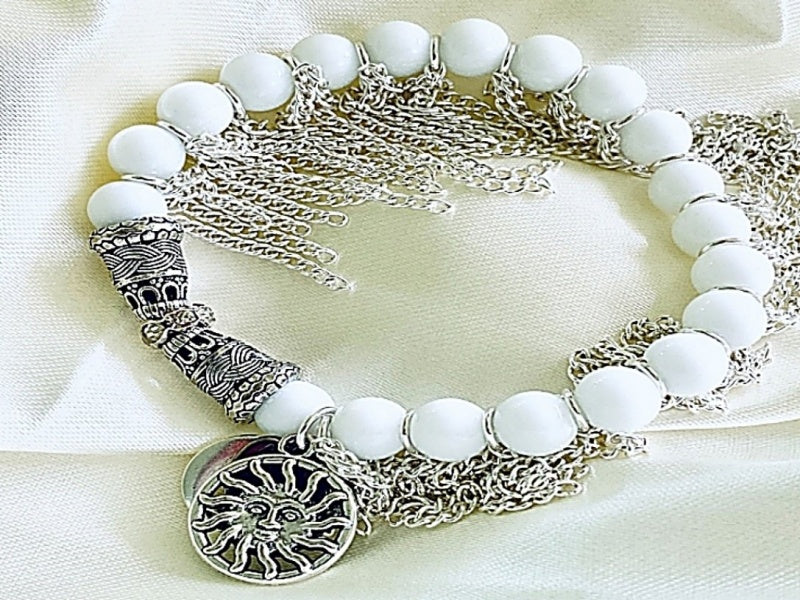 Snow Jade and Silver-Plated Stretch Bracelet with Charms