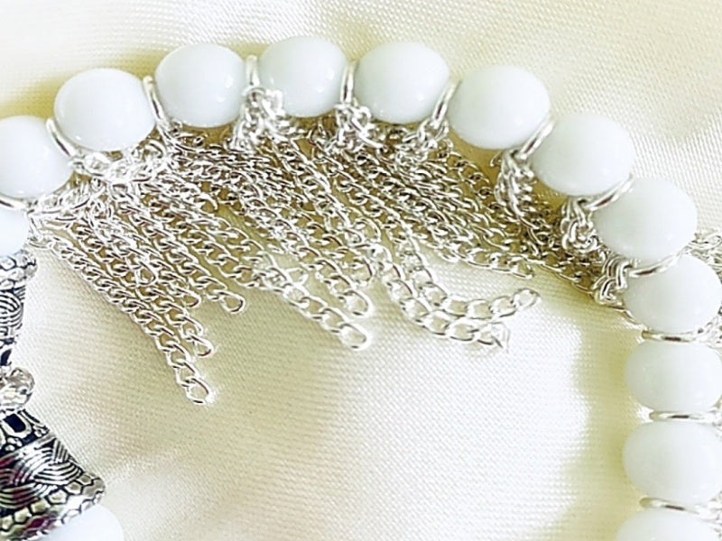 Snow Jade and Silver-Plated Stretch Bracelet with Charms