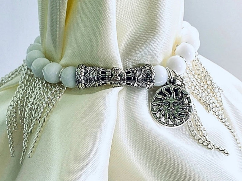 Snow Jade and Silver-Plated Stretch Bracelet with Charms