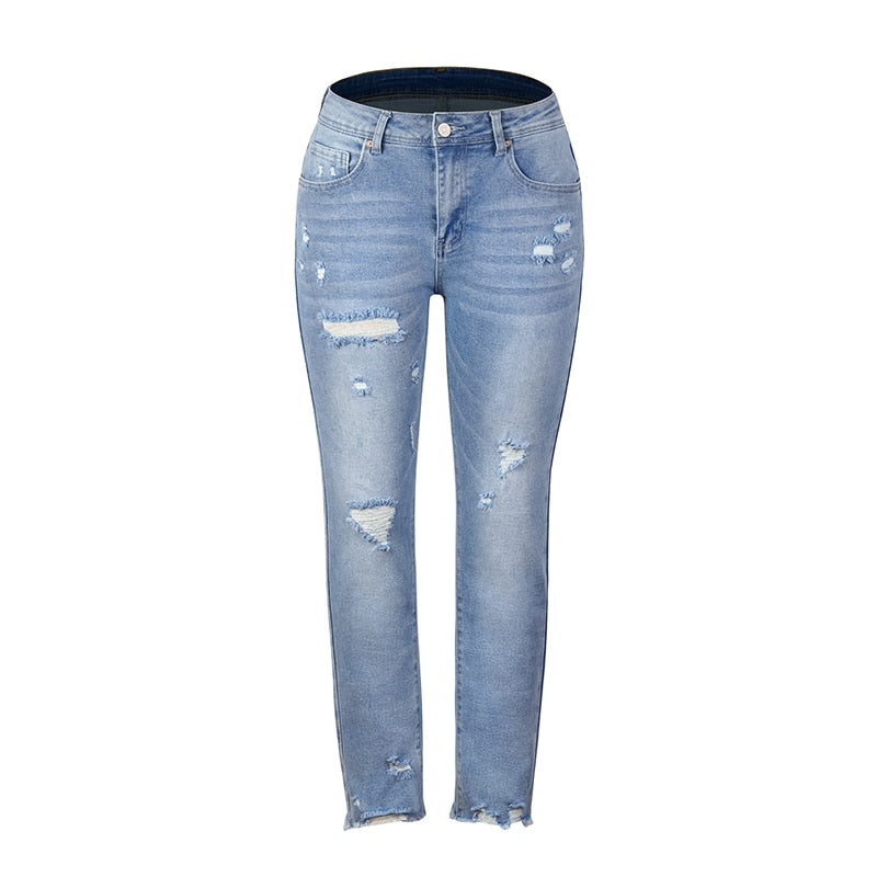 Blue Hight Waist Ripped Casual Denim Pencil Pants