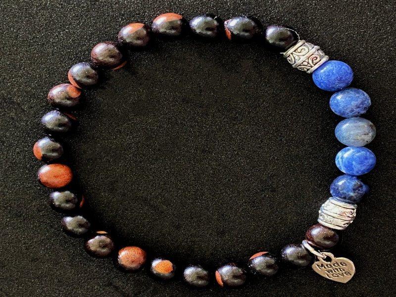 Stretch Bracelet with Tiger Ebony Wood and Sodalite Beads