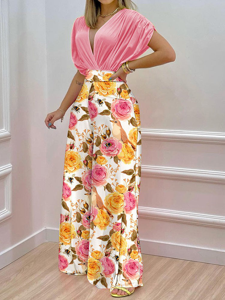 V-neck Bat Sleeve Top Printed Wide-leg Pants Suit