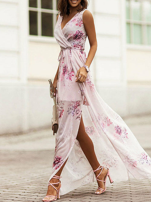 Sleeveless V Neck Floral Printed Party Dress