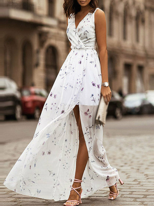 Sleeveless V Neck Floral Printed Party Dress