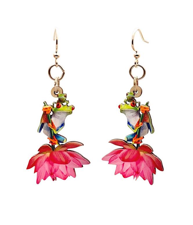 Frog on Flower Earrings #T166 | Red Sunflower