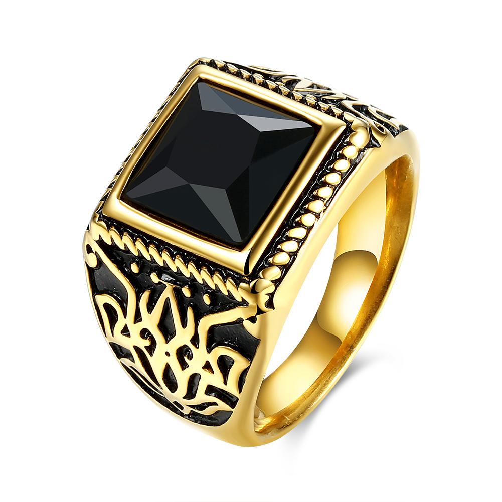 316L Stainless Steel Black Emerald Cut Goldtone Class Ring | Silver Milo