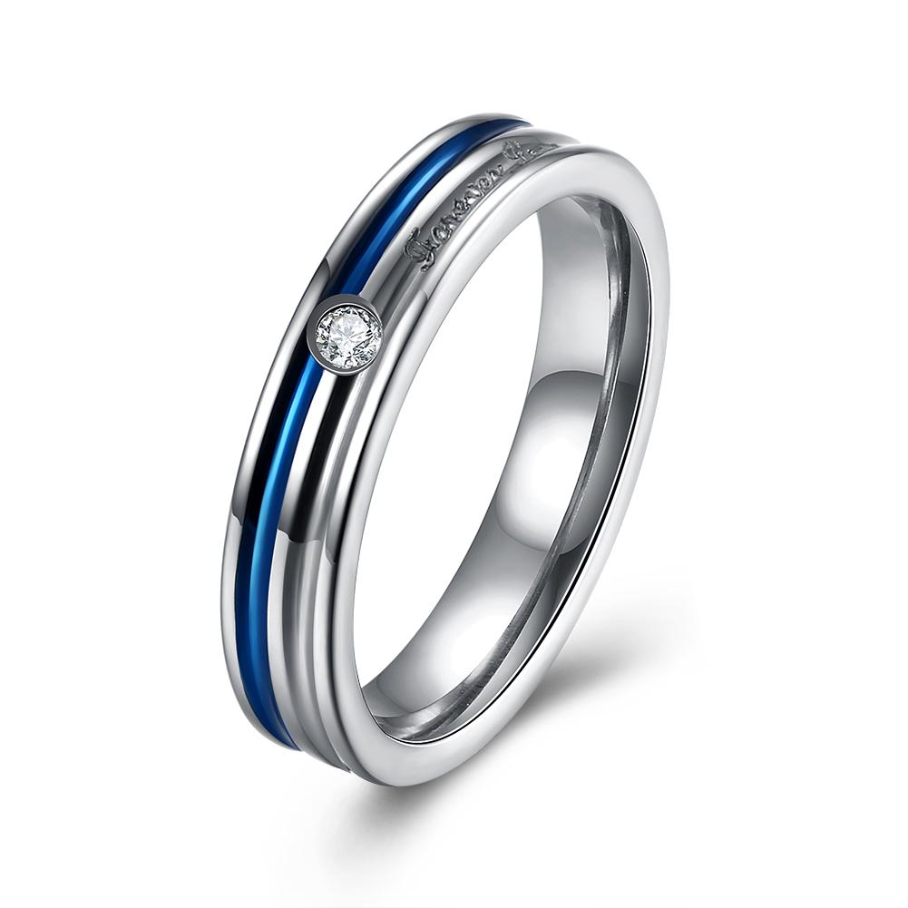 316L Stainless Steel Mini Stone Blue Plating Thin Cut Band Ring | Silver Milo