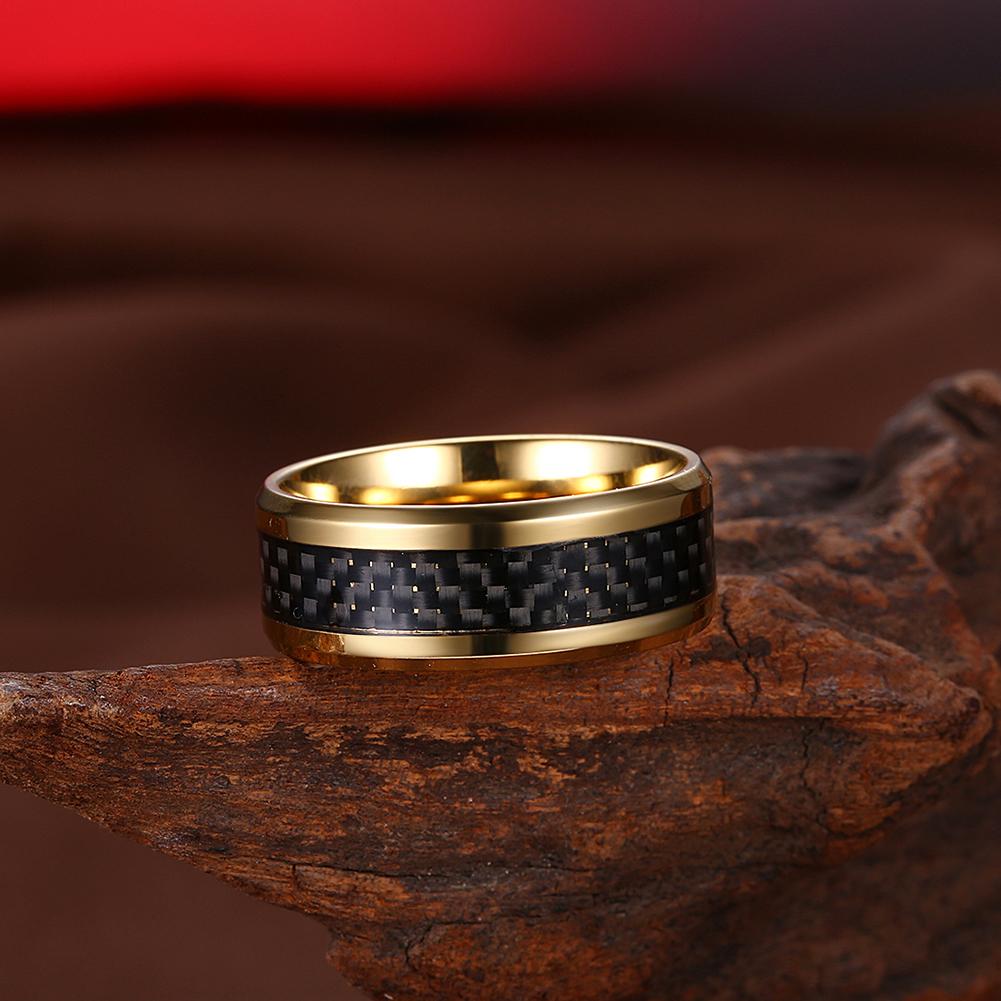 316L Stainless Steel Black Metallic Brick Design Band Goldtone Ring