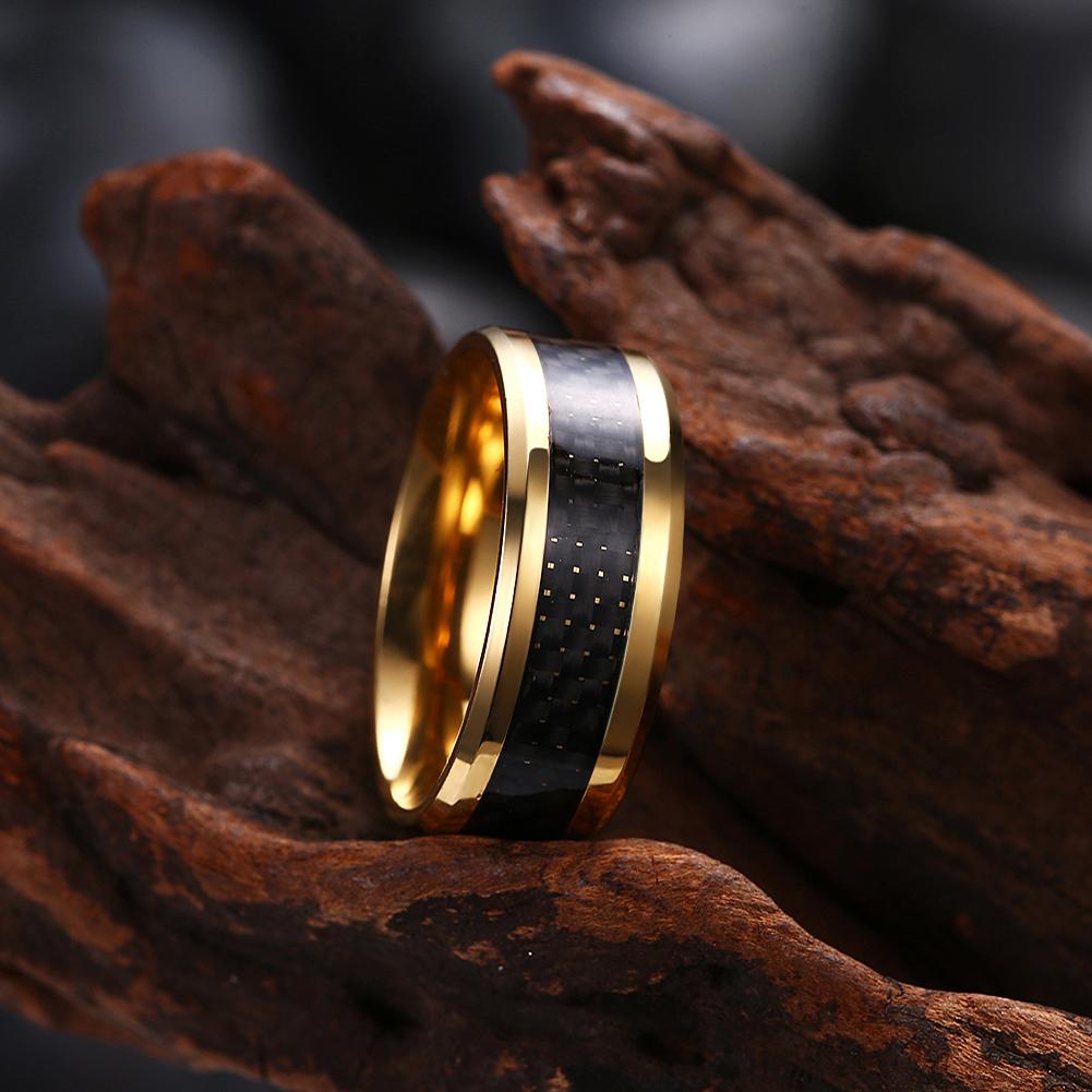 316L Stainless Steel Black Metallic Brick Design Band Goldtone Ring