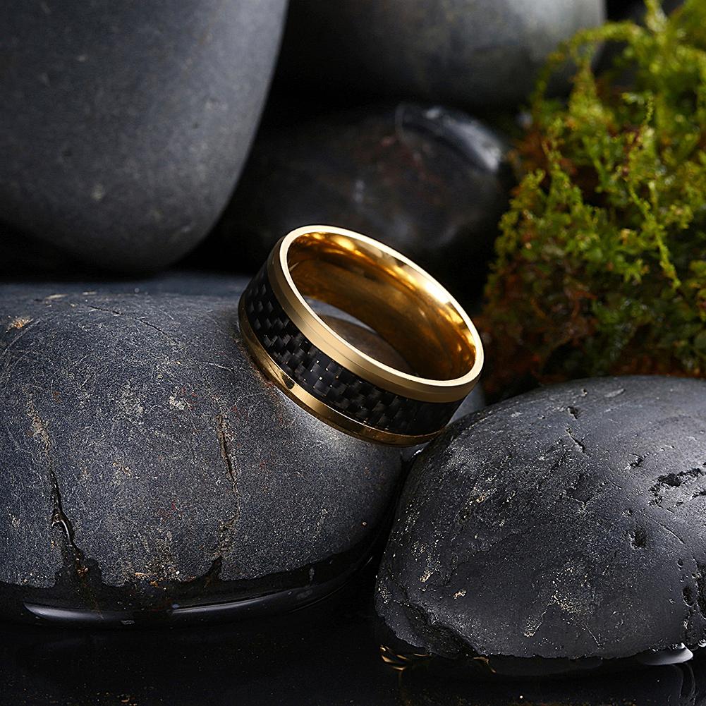 316L Stainless Steel Black Metallic Brick Design Band Goldtone Ring