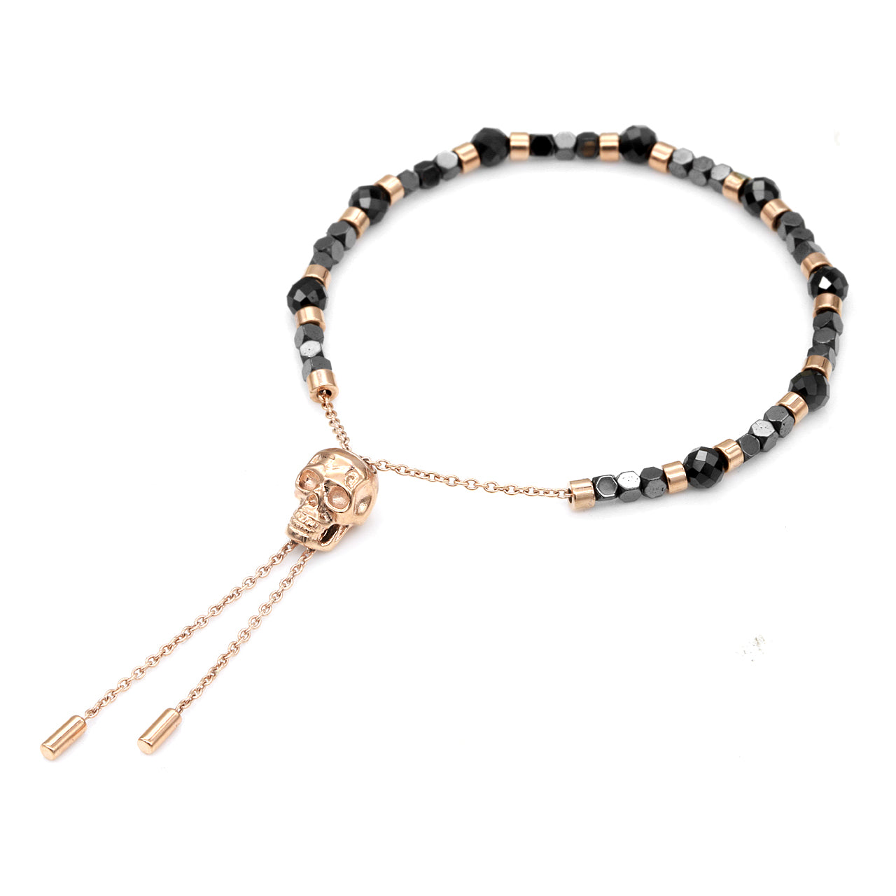 Black Spinel beads Rose Gold skull pull-chain bracelet | Blue Asteria