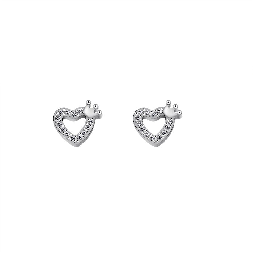 Tiny Small Love Heart Princess Crown Stud Earrings