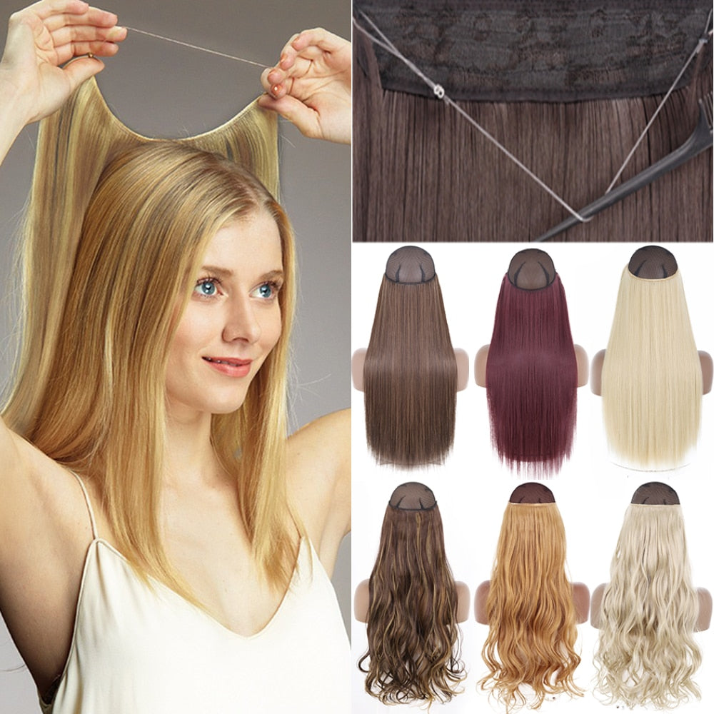 Synthetic No Clip Invisible Wire Hair Extensions Straight Natural