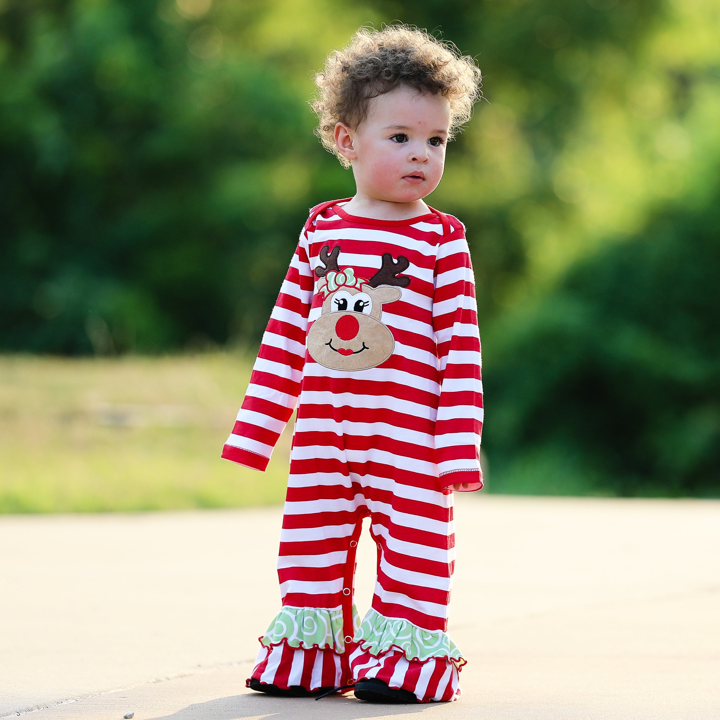 AnnLoren Baby/Toddler Girls Boutique Christmas Reindeer Red Striped