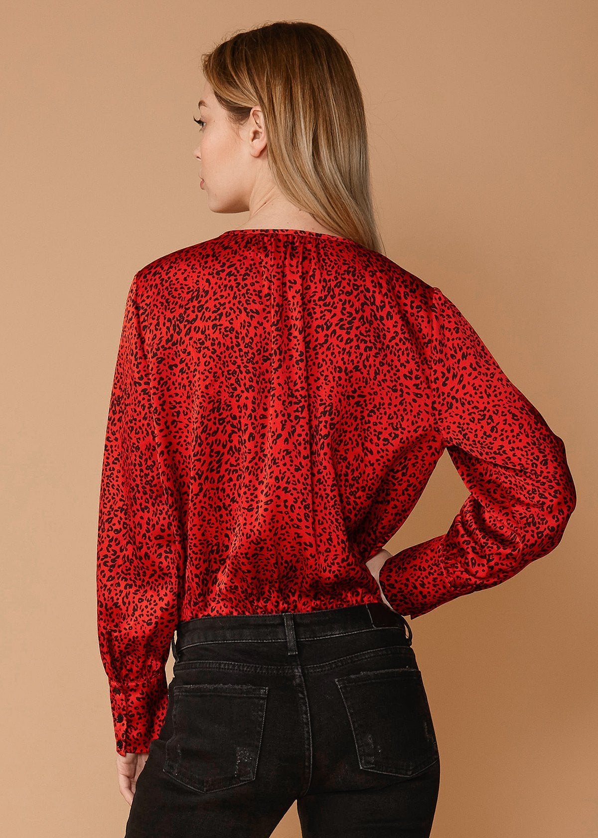 Women's Tie-neck Long Sleeve Bodysuit in Red Leopard