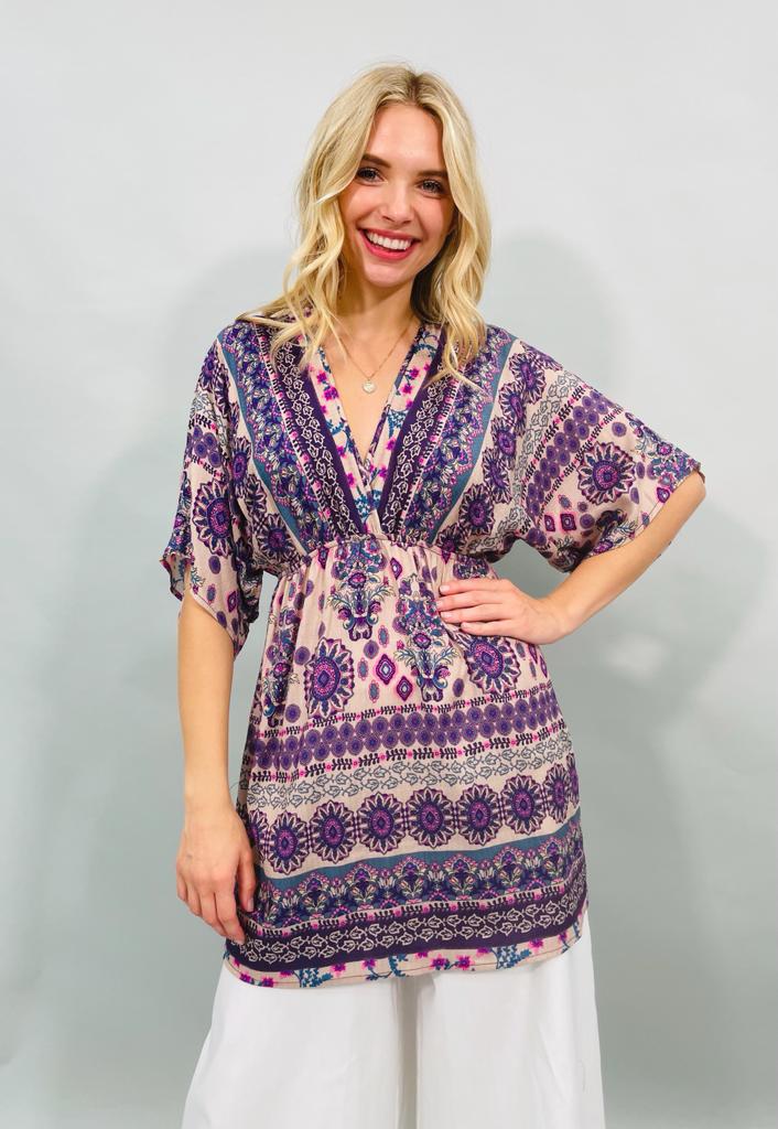 Floral Print Kimono Tunic Top | Tan Hephaestus