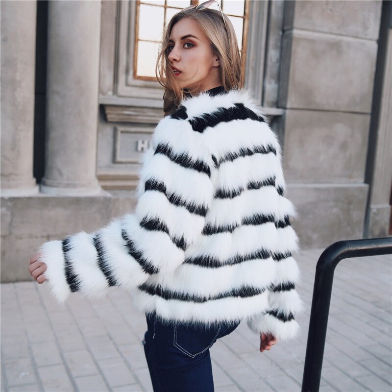 Winter Black and white striped faux fur coat fur coats Women Elegant