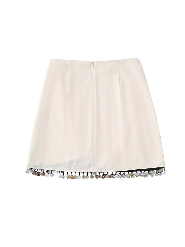 Beige Linen Beaded Short Skirt