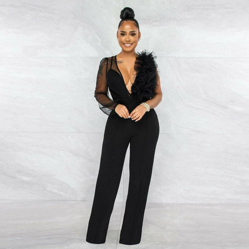 One Sleeve Plunge V-neck Sexy See Through Mesh Splicing Jumpsuits