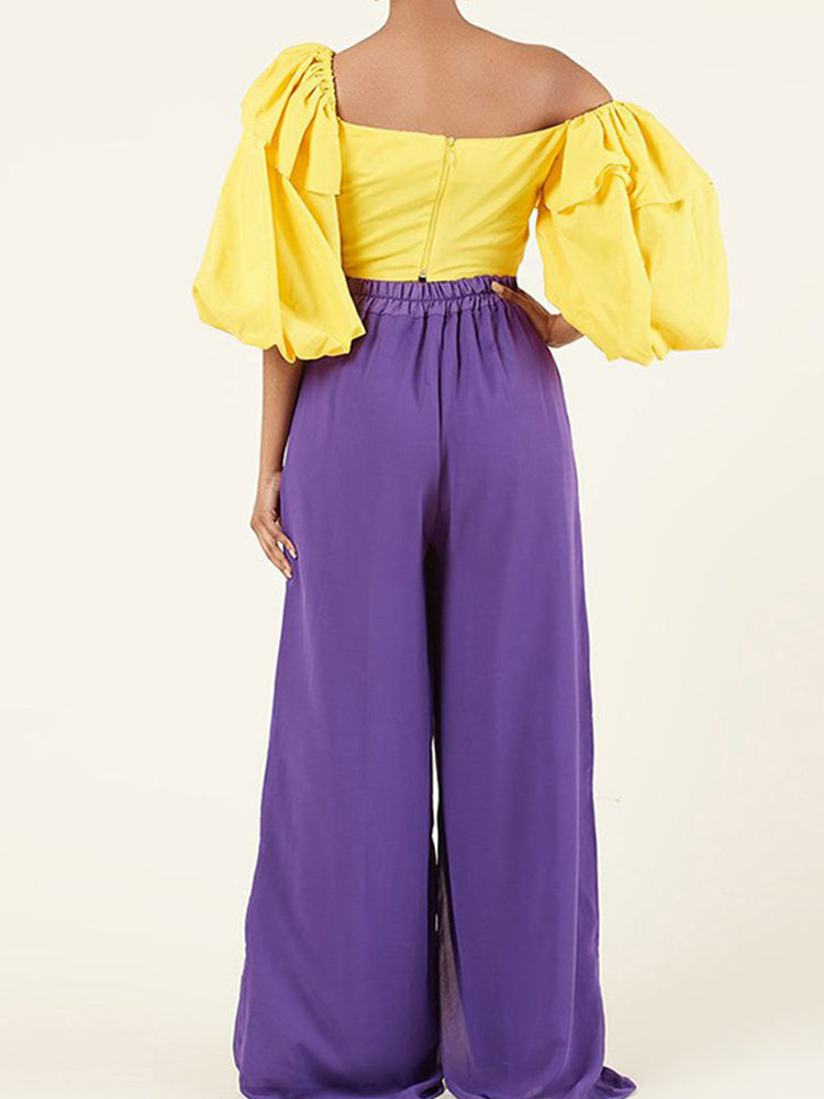 Puff Sleeve Tops And Long Pants Suits Ladies Casual Loose Female